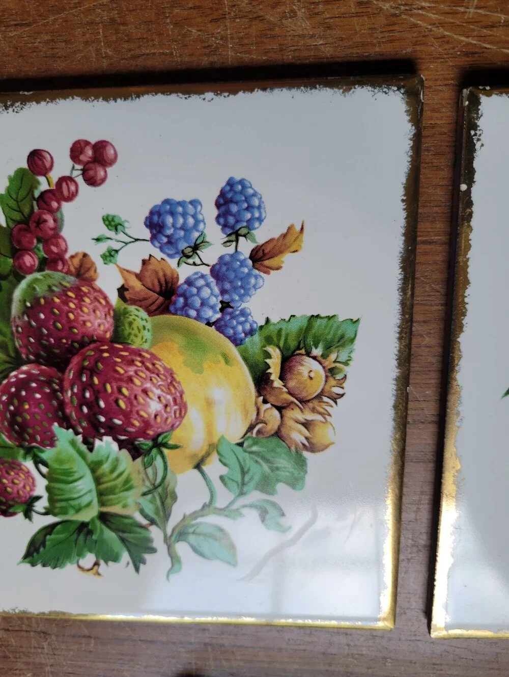 1970 Vintage Fruit Ceramic Tile Framed Artwork Trivets Set of 2 With Holder